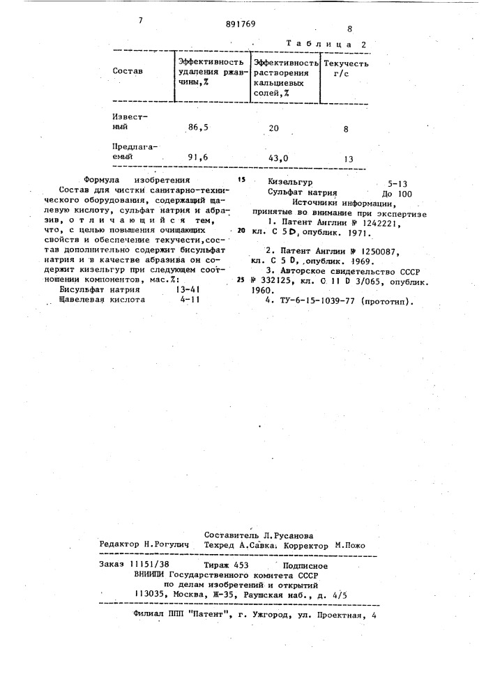 Состав для чистки санитарно-технического оборудования (патент 891769)