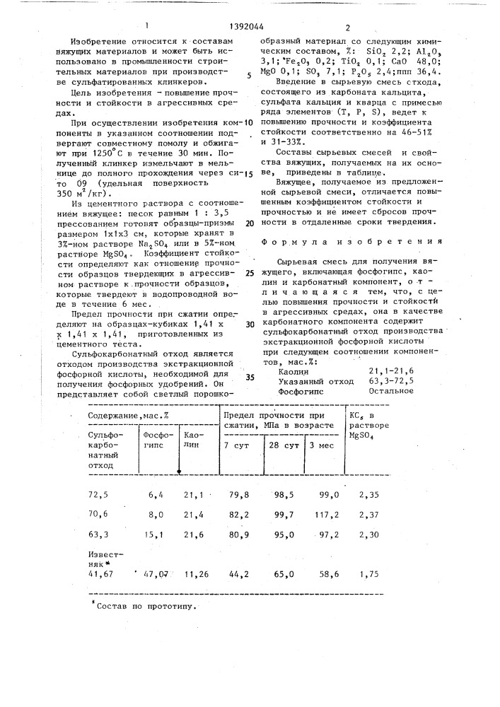 Сырьевая смесь для получения вяжущего (патент 1392044)