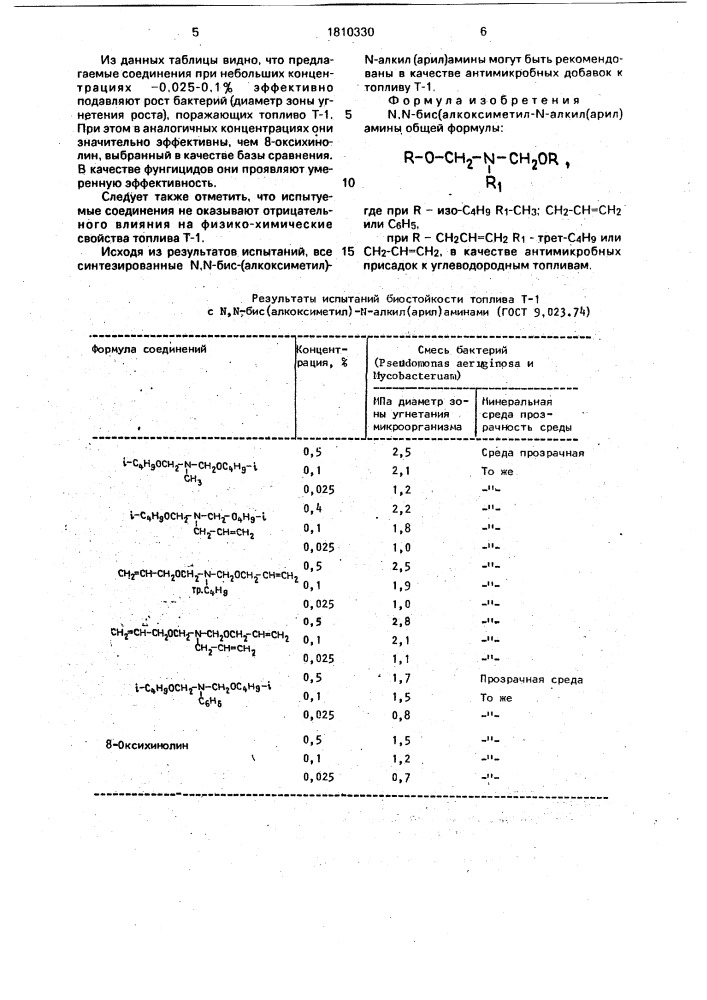 N, n-бис(алкоксиметил)-n-алкил(арил) амины в качестве антимикробных присадок к углеводородным топливам (патент 1810330)