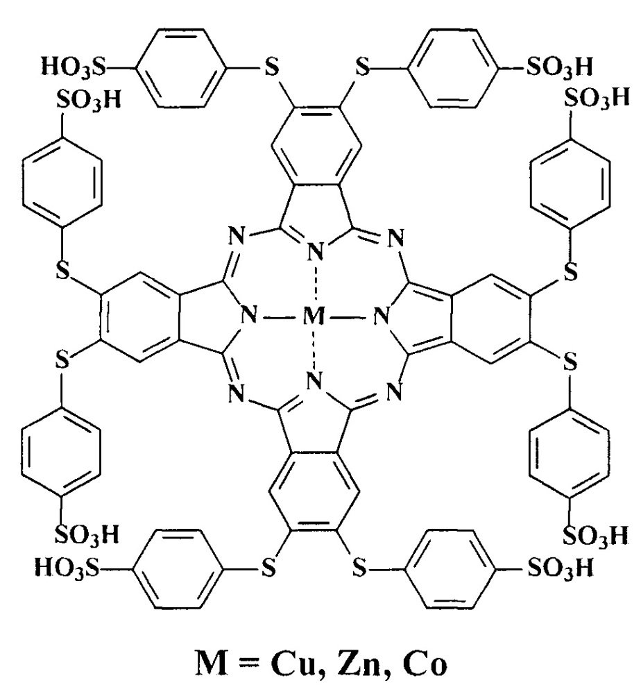 Металлокомплексы окта-4,5-(4-сульфофенилсульфанил)фталоцианина с медью, цинком и кобальтом (патент 2640303)