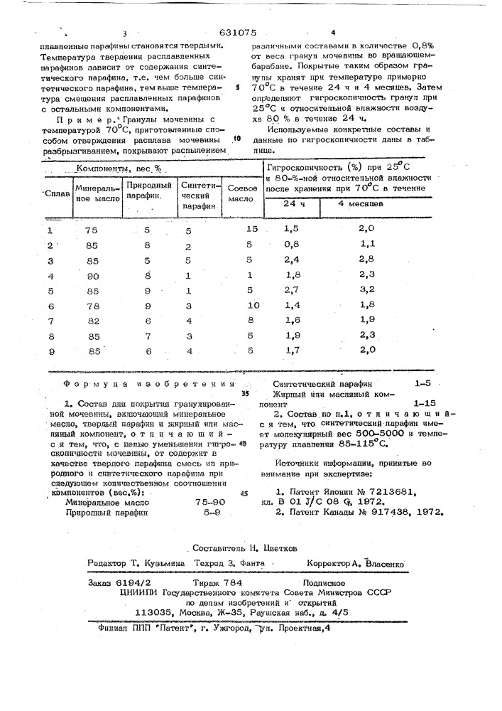 Состав для покрытия гранулированной мочевины (патент 631075)