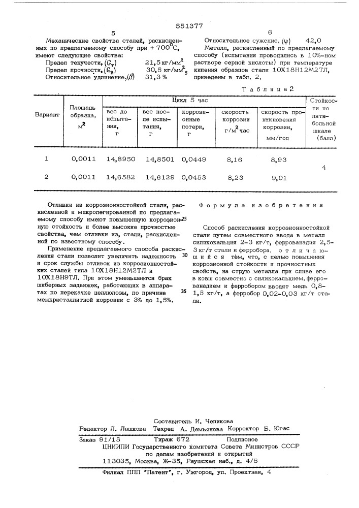 Способ раскисления коррозионностойкой стали (патент 551377)