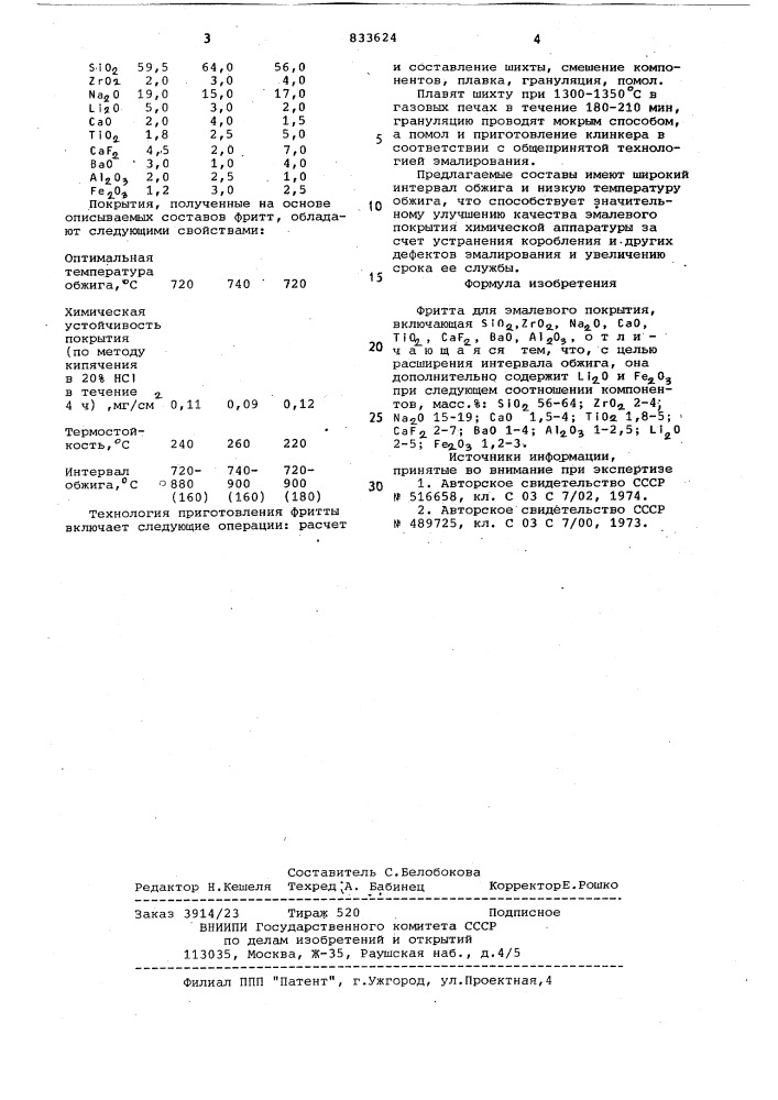 Фритта для эмалевого покрытия (патент 833624)