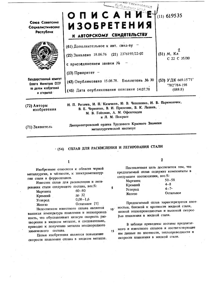 Сплав для раскисления и легирования стали (патент 619535)