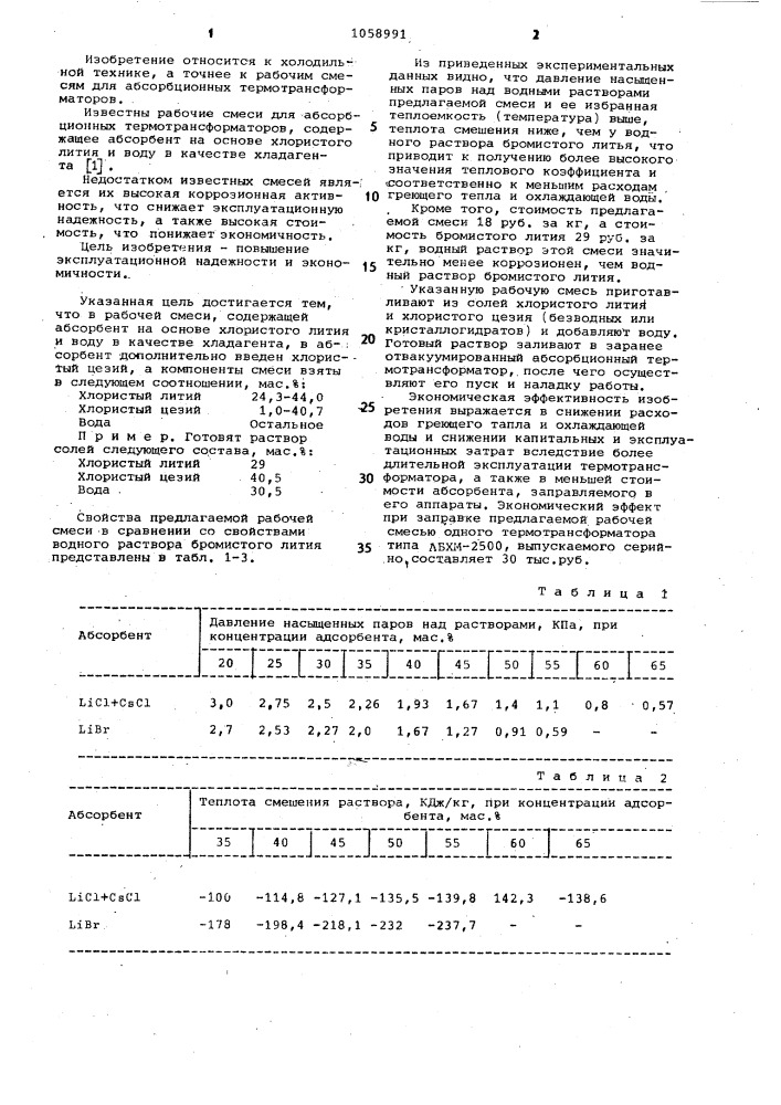 Рабочая смесь для абсорбционных термотрансформаторов (патент 1058991)