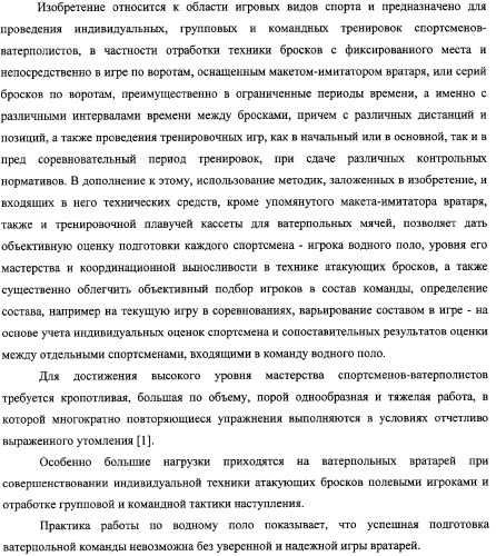 Макет-имитатор вратаря в водном поло, тренировочная плавучая кассета для ватерпольных мячей, способ экспериментальной оценки координационной выносливости спортсменов в технике атакующих бросков в водном поло, способ тренировки игроков в водном поло с использованием специализированных тренажерных устройств, система контроля атакующих бросков в водном поло (патент 2333026)