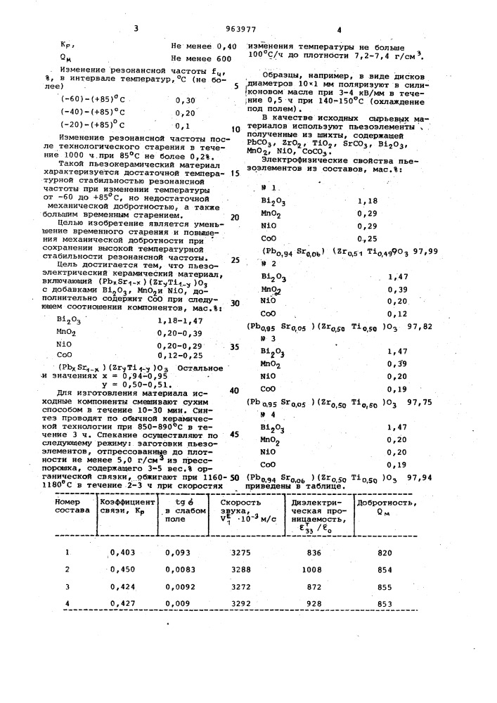 Пьезоэлектрический керамический материал (патент 963977)