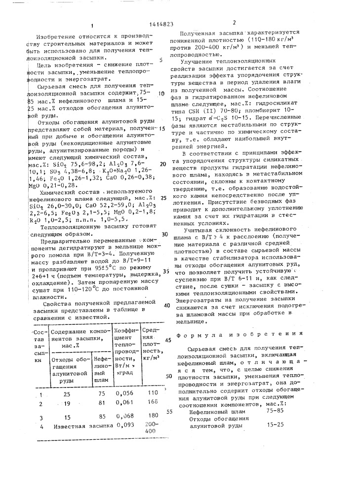 Сырьевая смесь для получения теплоизоляционной засыпки (патент 1414823)