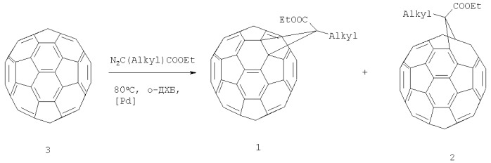 Способ совместного получения 1&#39;-алкил-1&#39;-этилформил-( c60-ih)[5,6]фуллеро[2&#39;,3&#39;:1,9]циклопропанов и 1&#39;a-алкил-1&#39;a-этилформил-1&#39;a-карба-1&#39;(2&#39;)a-гомо(c60-ih)[5,6]фуллеренов (патент 2404154)