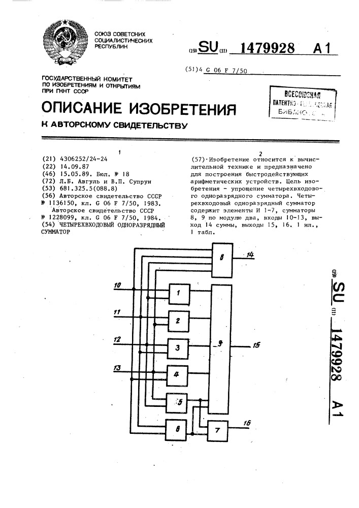 Четырехвходовый одноразрядный сумматор (патент 1479928)