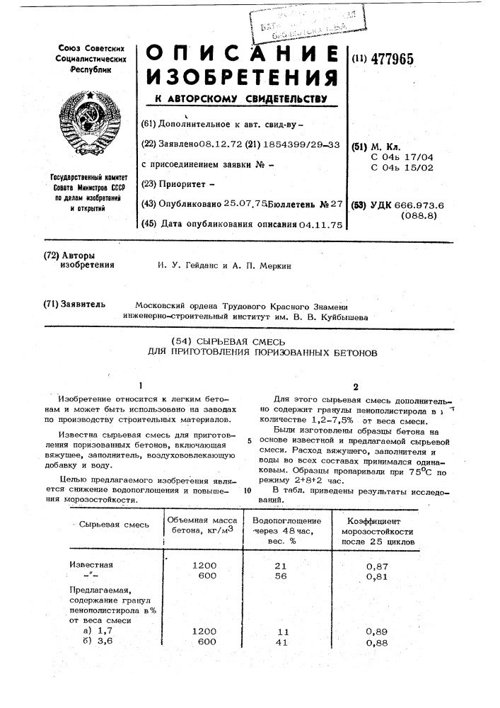 Сырьевая смесь для приготовления поризованных бетонов (патент 477965)