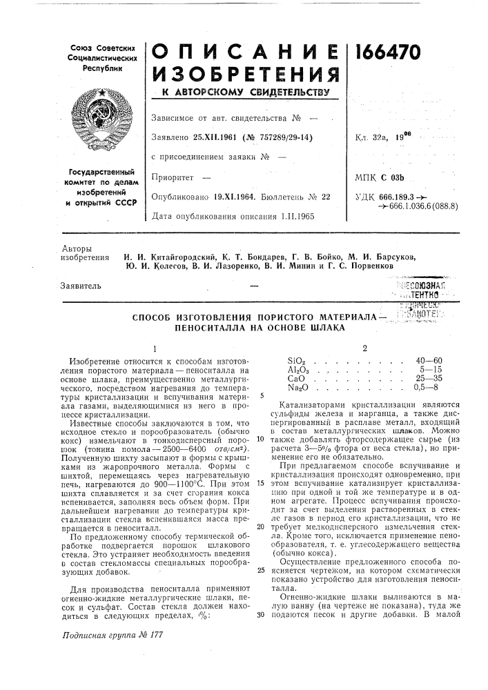 Способ изготовления пористого материала— пеноситалла на основе шлака' ;;?if'r4tls.'-;-ьле10те::;. (патент 166470)