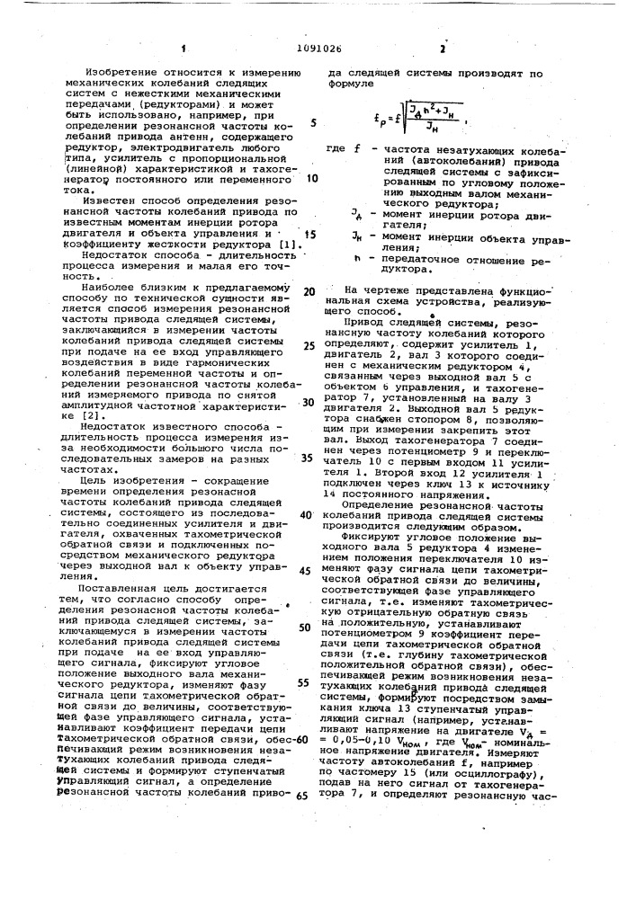 Способ определения резонансной частоты колебаний привода следящей системы (патент 1091026)
