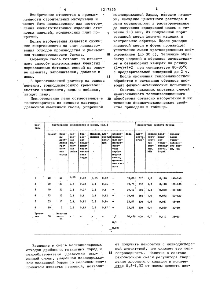 Сырьевая смесь для изготовления теплоизоляционного пенобетона (патент 1217855)