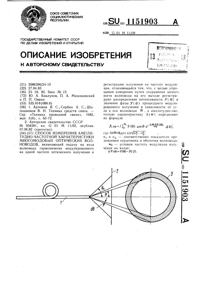 Способ измерения амплитудно-частотной характеристики многомодовых оптических волноводов (патент 1151903)