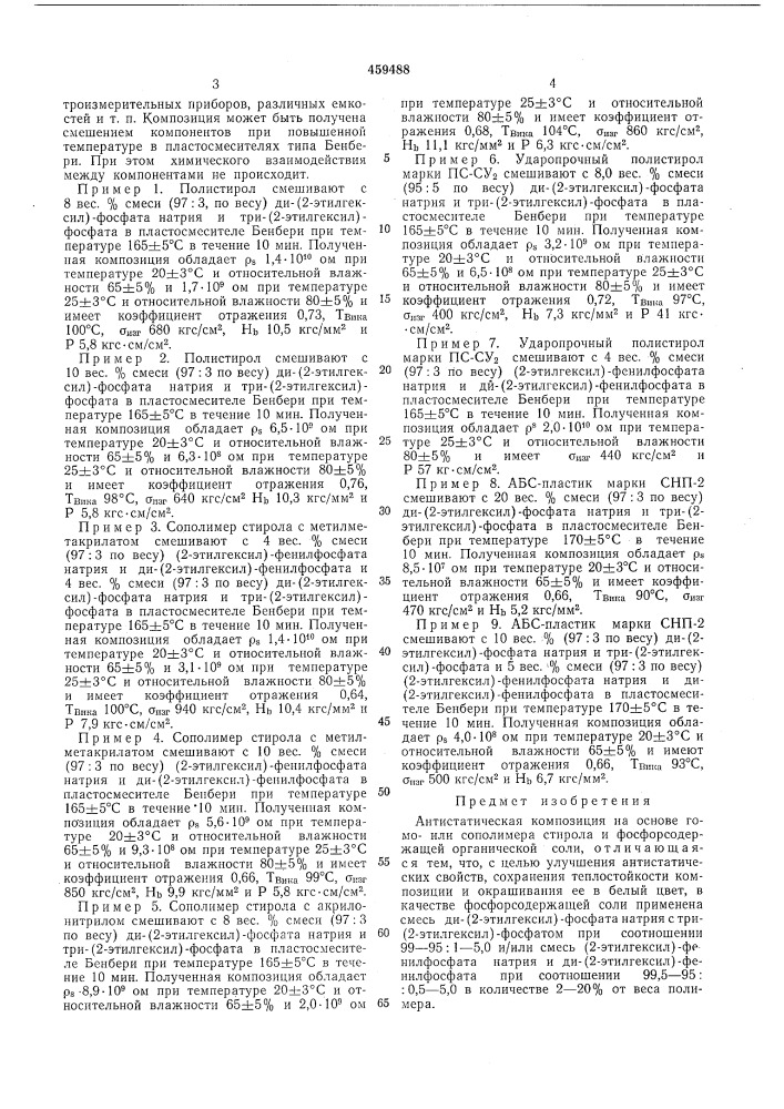 Антистатическая композиция на основе гомо-или сополимера стирола (патент 459488)