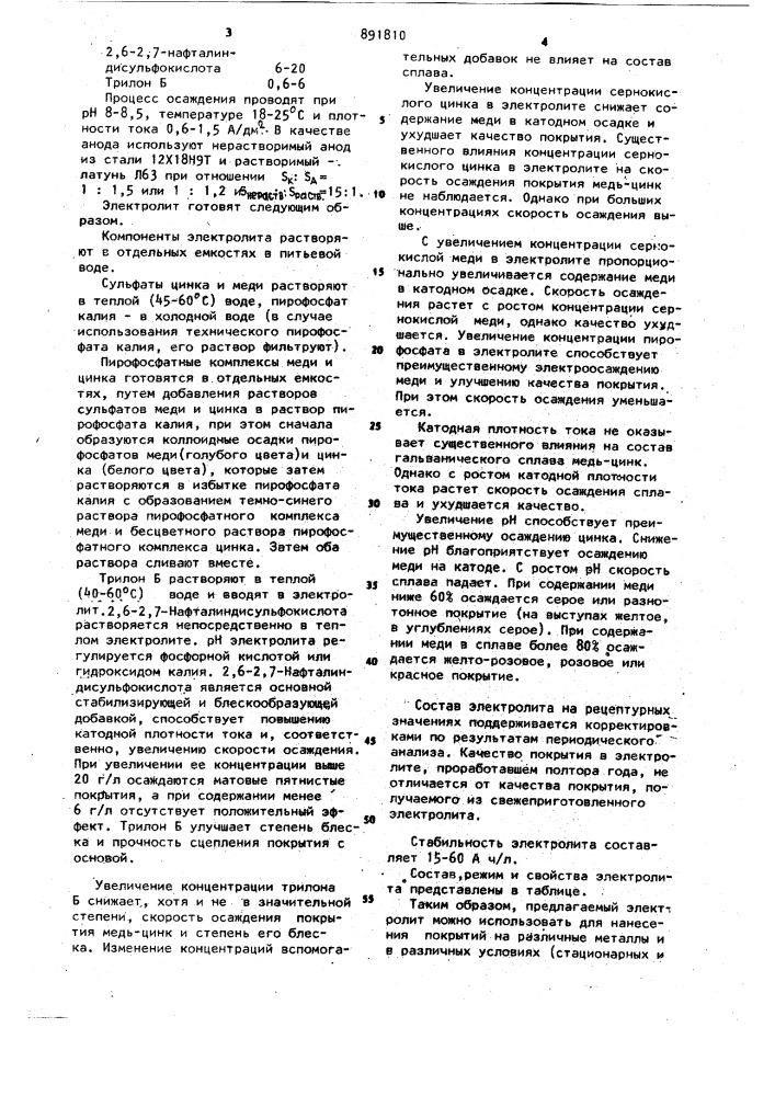 Электролит для осаждения покрытий из сплава медь-цинк (патент 891810)