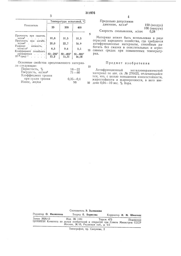 Антифрикционный металлокерамическийматериал (патент 311976)