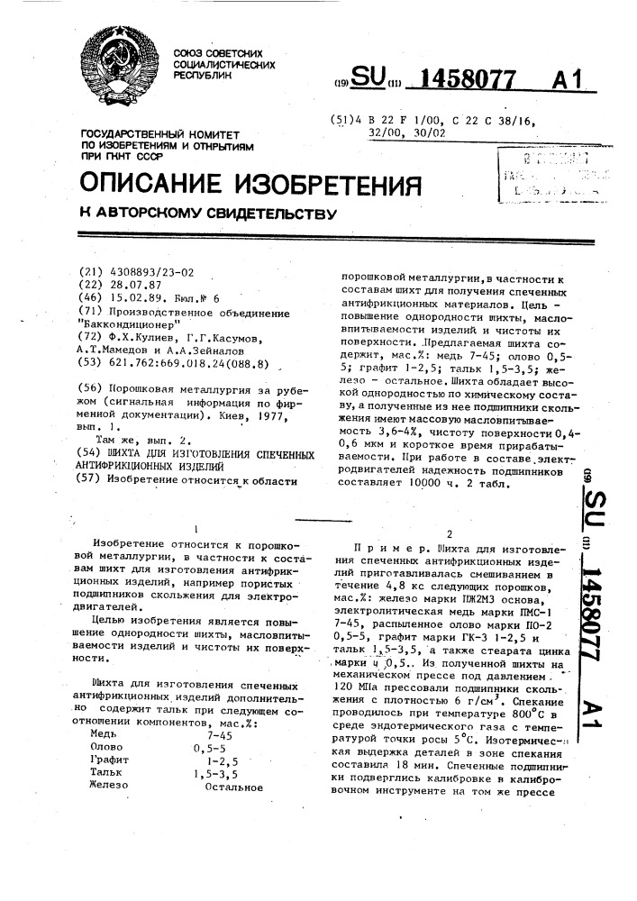 Шихта для изготовления спеченных антифрикционных изделий (патент 1458077)