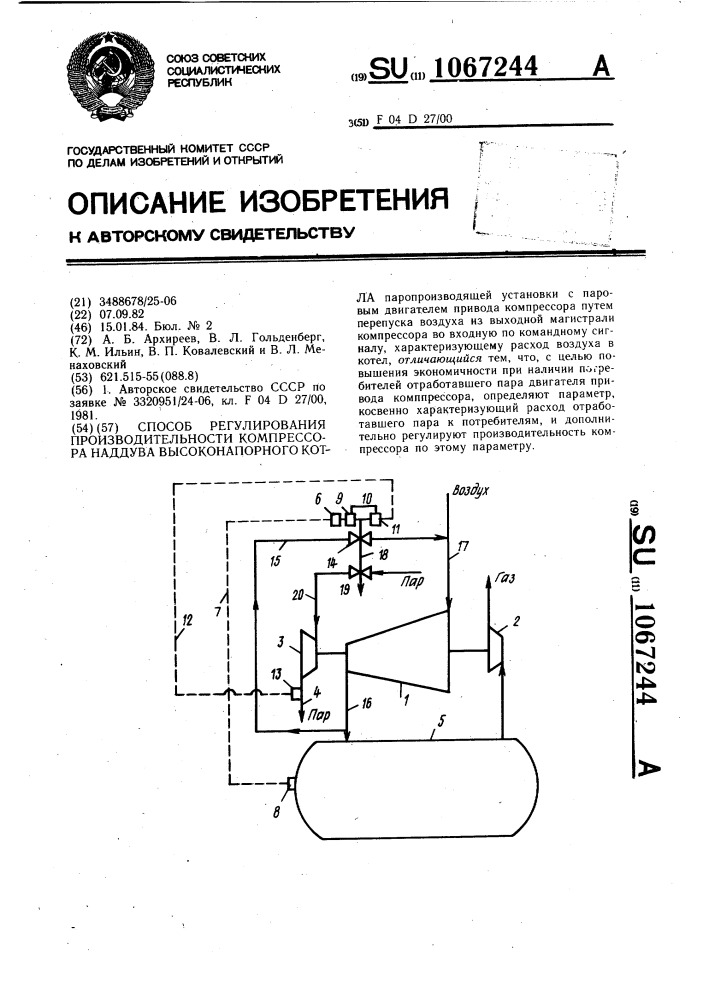 Способ регулирования производительности компрессора наддува высоконапорного котла (патент 1067244)