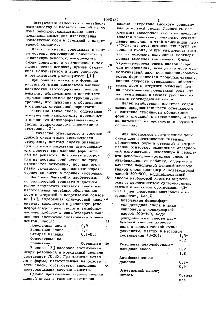 Смесь для изготовления литейных оболочковых форм и стержней в нагреваемой оснастке (патент 1090482)