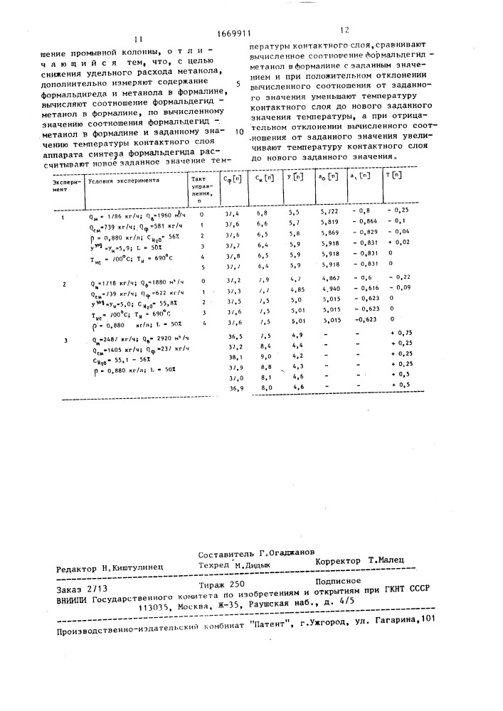 Способ управления процессом получения формалина (патент 1669911)