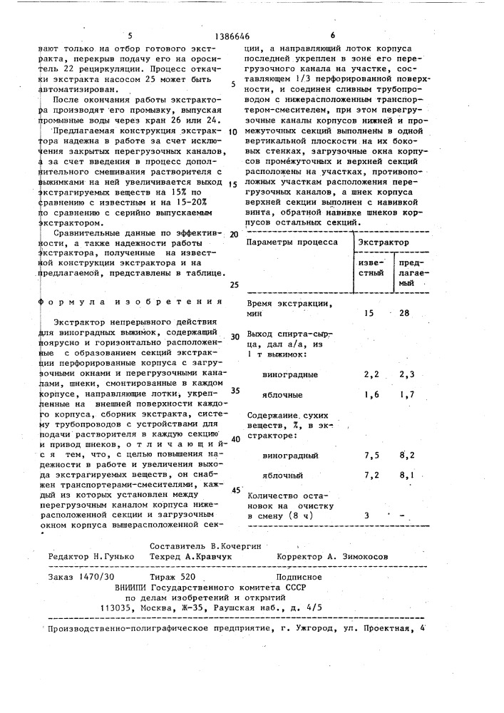 Экстрактор непрерывного действия для виноградных выжимок (патент 1386646)