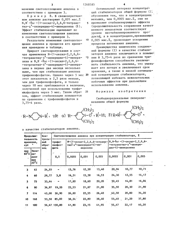 Свободно-радикальные пиперазиненамины в качестве стабилизаторов анилина (патент 1268585)