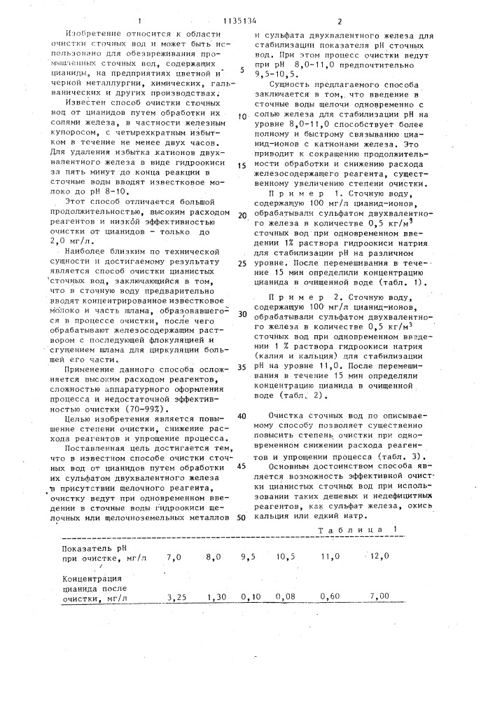 Способ очистки сточных вод от цианидов (патент 1135134)