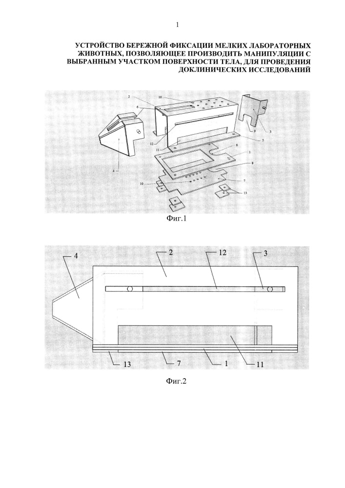 Устройство бережной фиксации мелких лабораторных животных, позволяющее производить манипуляции с выбранным участком поверхности тела, для проведения доклинических исследований (патент 2633781)