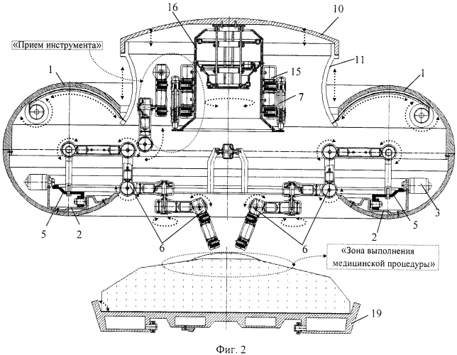 Функциональная структура одновременного возвратно-поступательного разворота группы выдвижных элементов для захвата и удержания диагностических и хирургических корпусов в тороидальной робототехнической системе с выдвижной крышкой (вариант русской логики - версия 1) (патент 2568077)