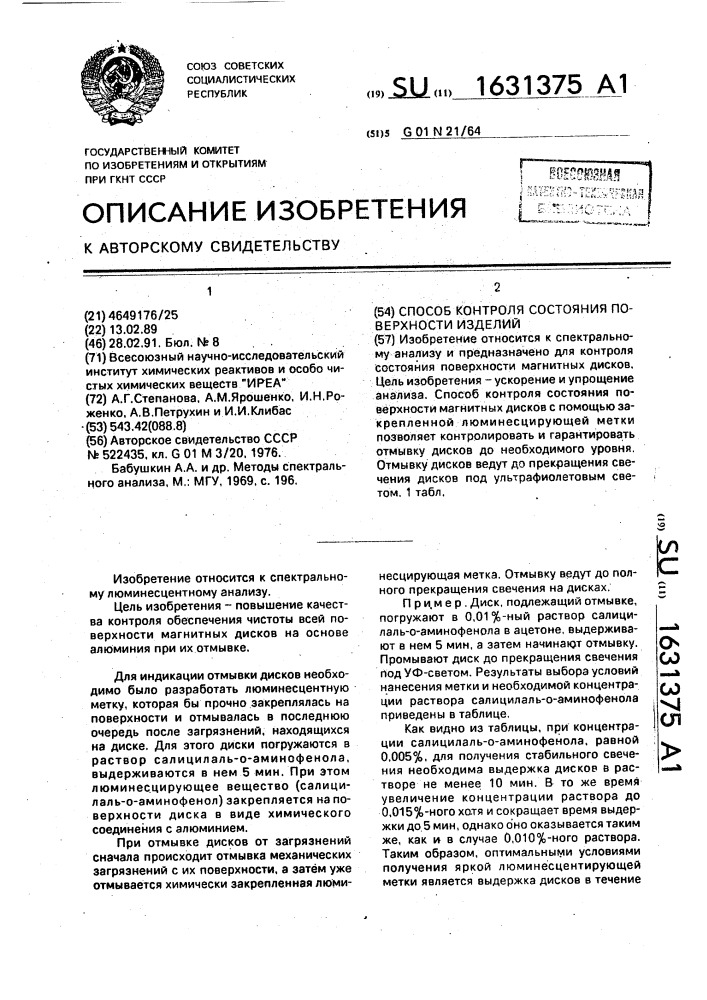 Способ контроля состояния поверхности изделий (патент 1631375)