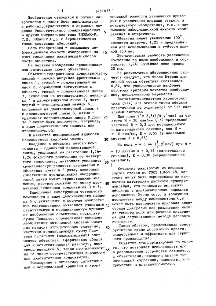 Высокоапертурный ахроматический объектив микроскопа масляной иммерсии (патент 1451633)