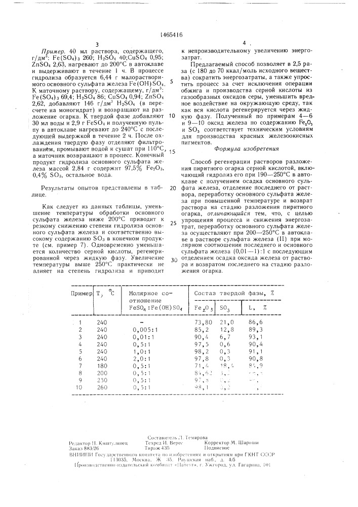 Способ регенерации растворов разложения пиритного огарка (патент 1465416)