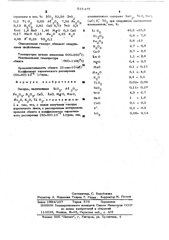 Глазурь (патент 518475)