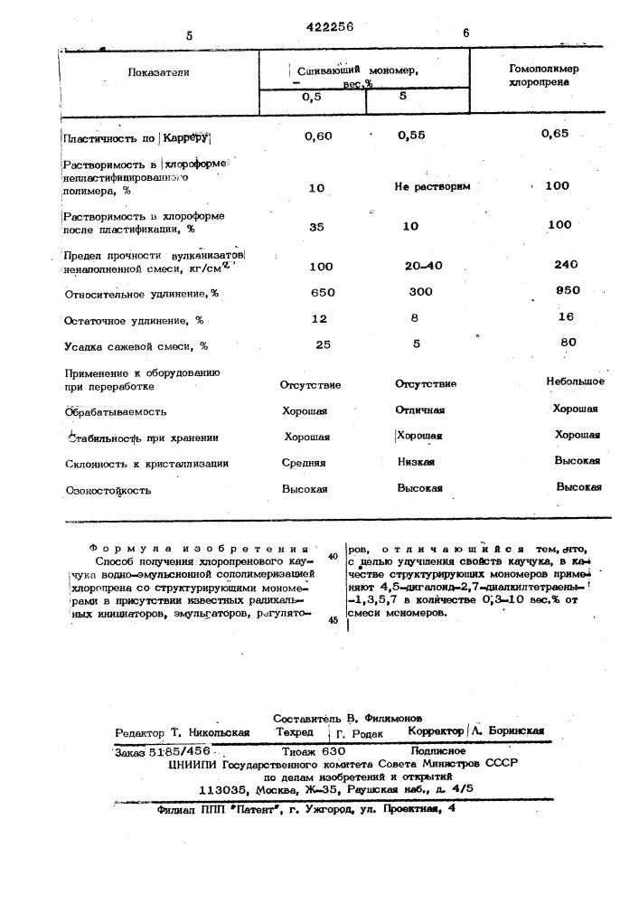 Способ получения хлоропренового каучука (патент 422256)