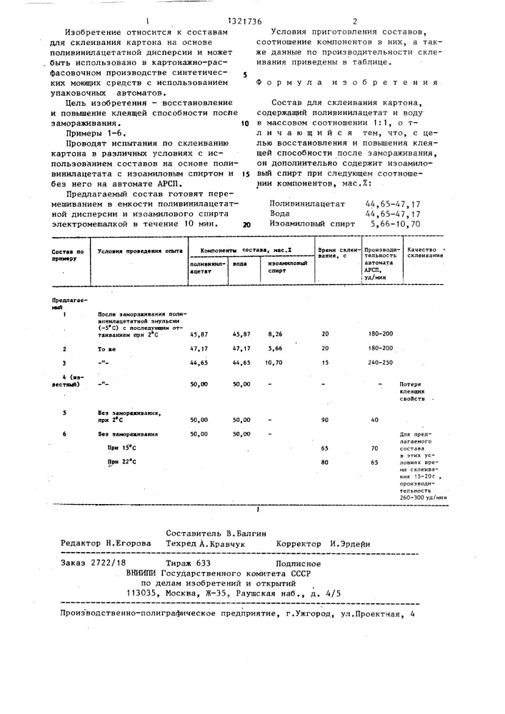 Состав для склеивания картона (патент 1321736)