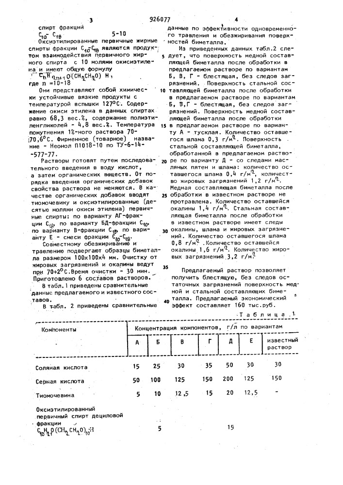 Раствор для одновременного травления и обезжиривания биметалла "медь-сталь (патент 926077)