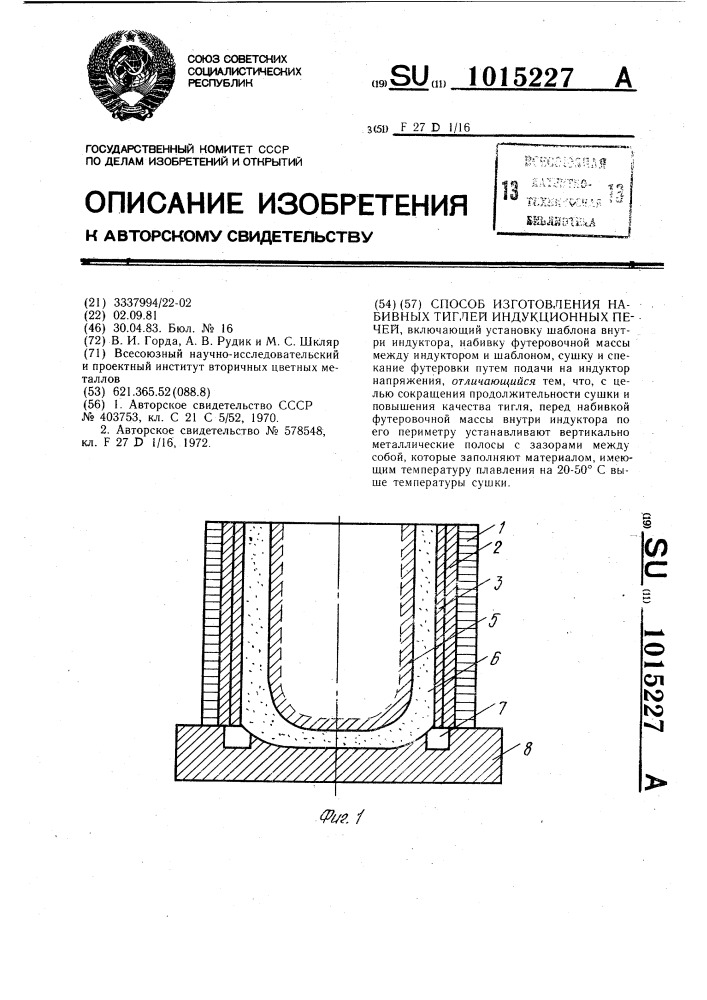 Способ изготовления набивных тиглей индукционных печей (патент 1015227)