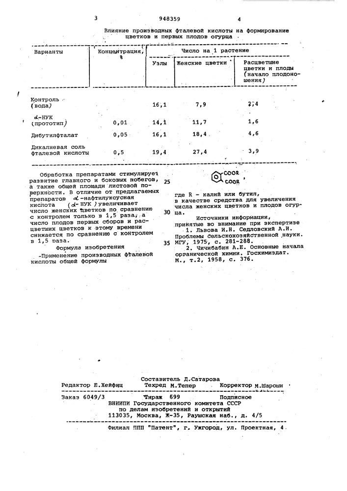 Средство для увеличения числа женских цветков и плодов огурца (патент 948359)