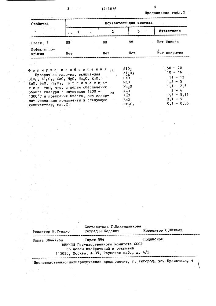 Прозрачная глазурь (патент 1414836)