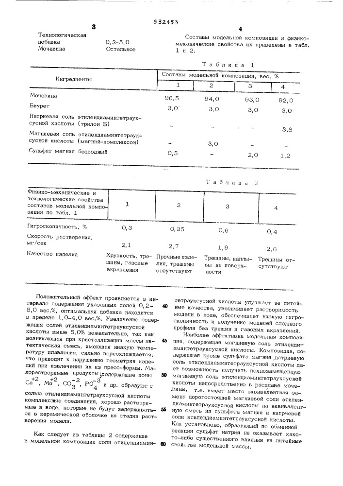 Модельная композиция для изготовления одорастворимых литейных моделей (патент 532453)