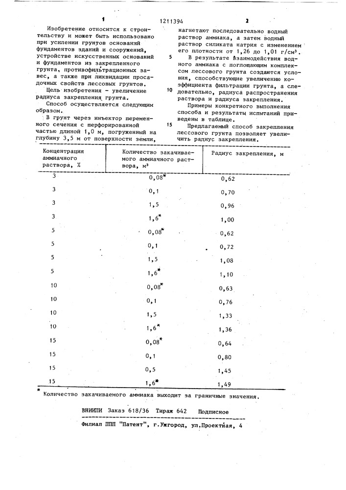 Способ закрепления лессового грунта (патент 1211394)