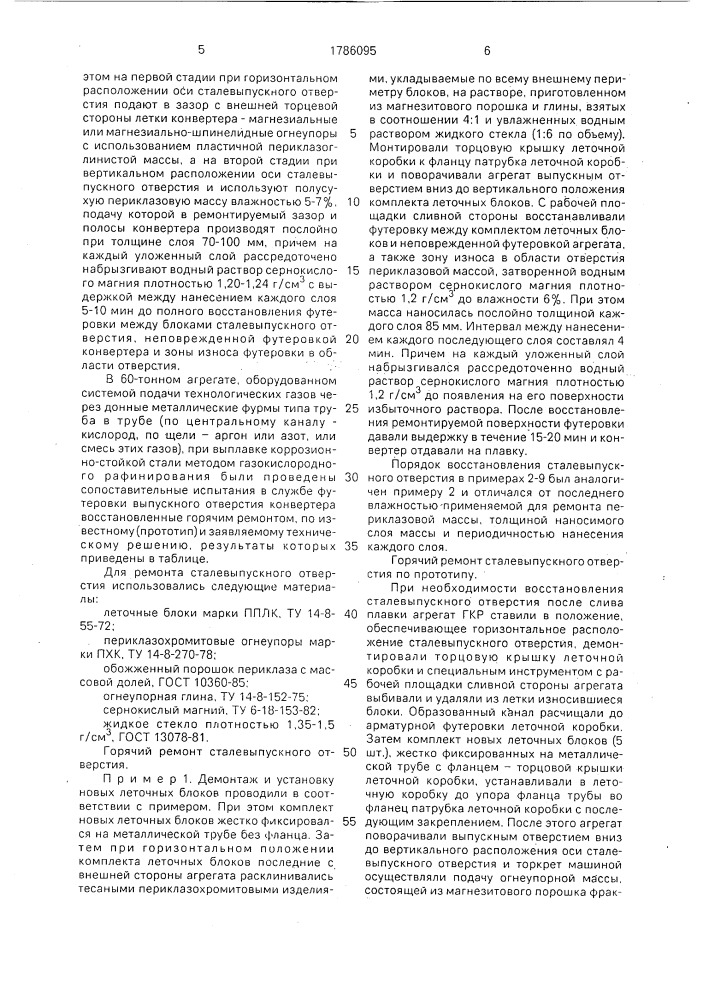 Способ горячего восстановления рабочего слоя футеровки выпускного отверстия конвертера (патент 1786095)