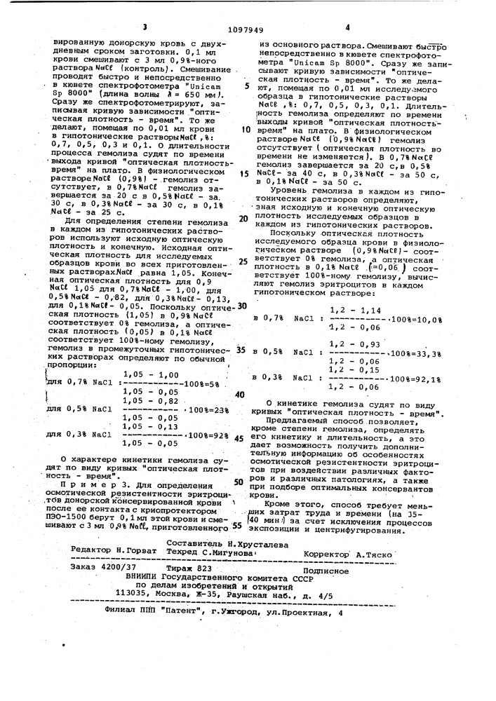 Способ исследования осмотической резистентности эритроцитов (патент 1097949)