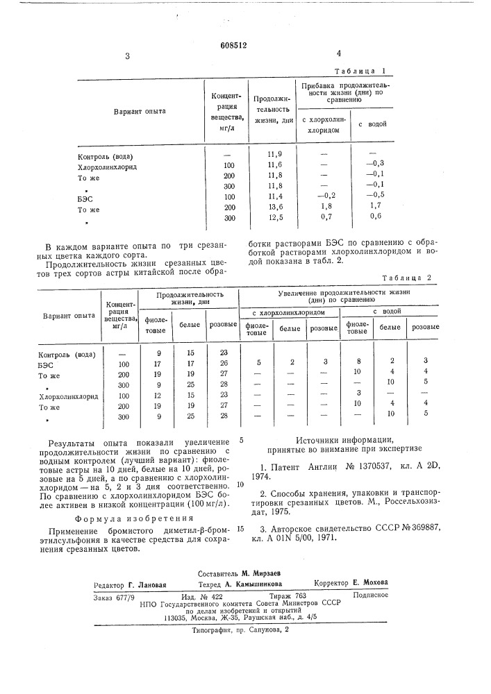 Средство для сохранения срезанных цветов (патент 608512)