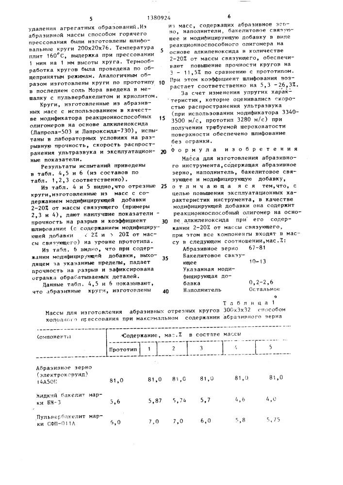 Масса для изготовления абразивного инструмента (патент 1380924)