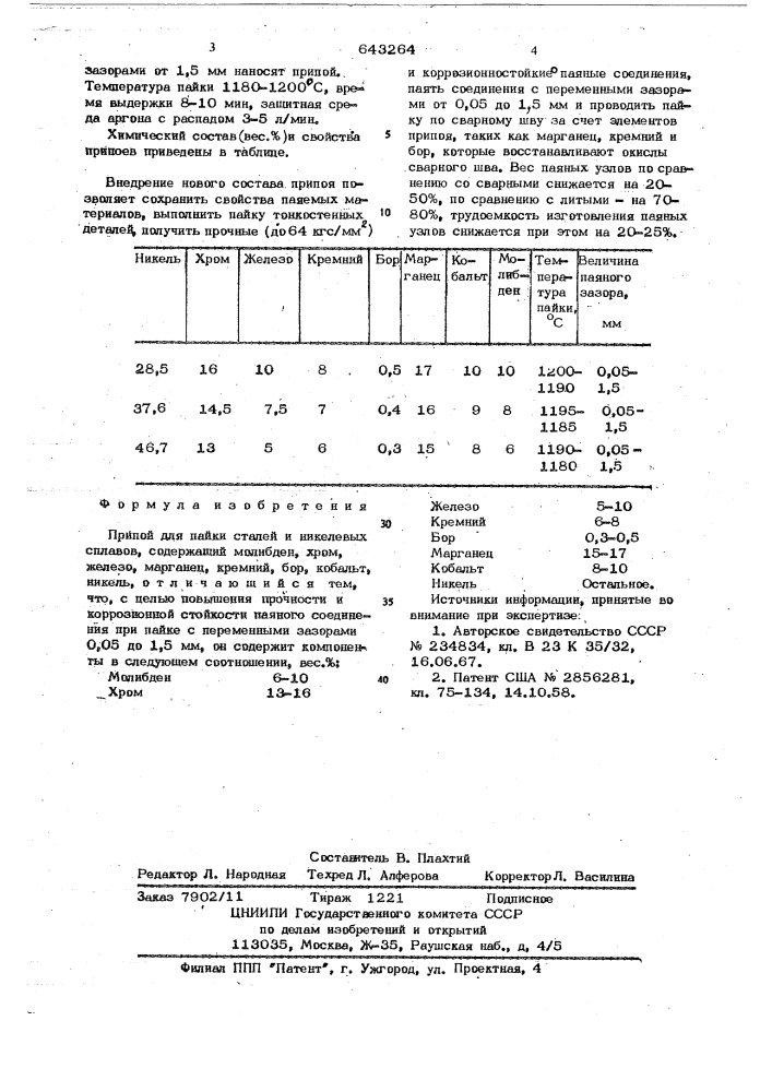 Припой для пайки сталей и никелевых сплавов (патент 643264)