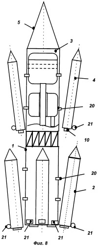 Многоступенчатая ракета-носитель, жидкостный ракетный двигатель и блок сопел крена (патент 2455514)