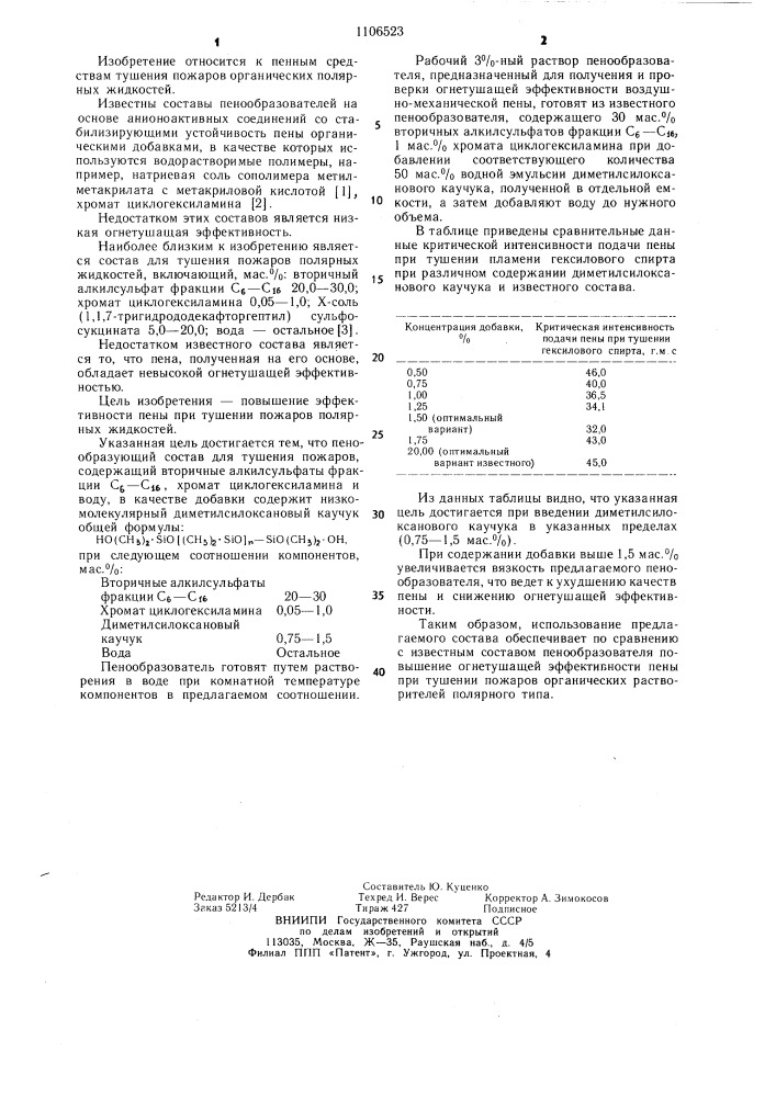 Пенообразующий состав для тушения пожаров (патент 1106523)